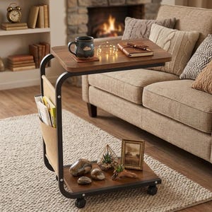 May include: A C-shaped side table with a dark brown wood-grain top and bottom shelf, supported by a black metal frame. The unit features four caster wheels, a side-mounted fabric magazine pocket, and a sturdy structure for holding various items.