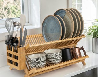 Bamboo Dish Drying Rack Foldable Wooden Kitchen Drainer Storage Shelf