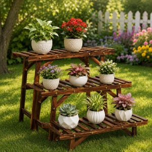 May include: A three-tiered wooden plant stand with a dark brown finish, holding eight potted plants in various white ceramic containers. The stand features slatted shelves and is positioned outdoors on a green lawn with a white fence in the background.