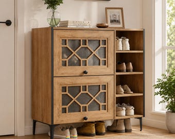 Entryway Shoe Rack Storage Cabinet with Adjustable Shelves, Oak Wood
