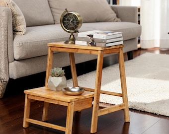 3 in 1 Bamboo Folding Step Stool Wooden Kitchen Helper Display Rack Stand