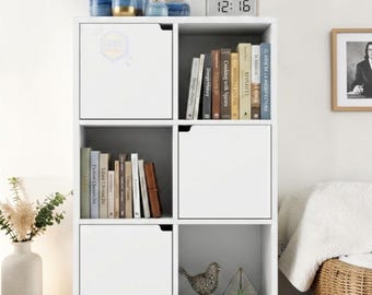 6 Cube Wooden Bookcase Shelf Storage Unit with Door, White Display Rack