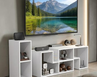 Adjustable White TV Stand Media Unit with Shelves for Living Room Decor