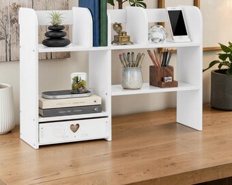 Multi Layer Desktop Shelf Organizer Wooden Bookshelf Decor Office Storage Rack