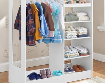Kids Wardrobe Storage Armoire Wooden Toddler Dress Up Closet White Organizer