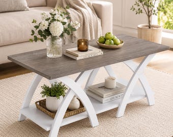 Farmhouse Wooden Coffee Table with Storage Shelf Rustic Gray Living Room Decor