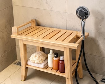 Bamboo Shower Bench with Storage Shelf, Bathroom Stool, Bath Seat