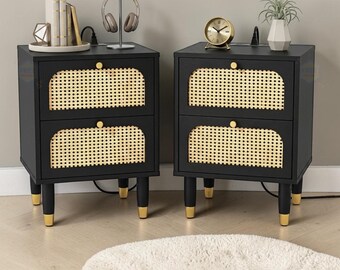 Rattan Bedside Table Set of 2 with Drawers & Built In Power Outlet side table