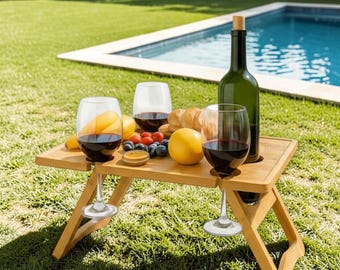 Portable Folding Bamboo Picnic Table with Wine Glass Holder for Outdoors
