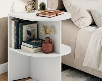 Half Round Side Table 2 Tier Wooden Bedside End Table with Storage Shelf