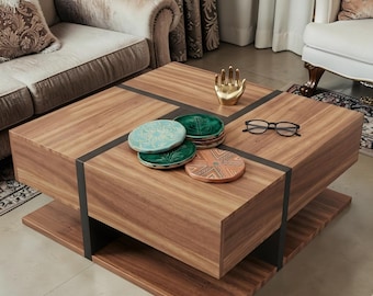 Modern Wooden Coffee Table with chest of drawers Living Room Side Table