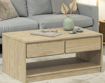 Oak Coffee Table with Drawers, Rustic Wooden Living Room storage organization