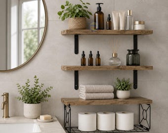 Wood Floating Shelves 3 Tier Wall Shelf with Storage Basket Home Decor UK