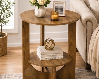 Modern Round Side Table 2 Tier Wooden End Table Storage Organisation Living Room Decor