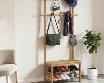 3-in-1 Bamboo Entryway Bench Shoe Rack with Coat Hooks & Storage Shelf
