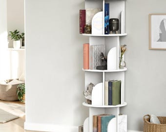 Rotating Bookshelf Bookcase Storage Rack Wooden Shelves Home Decor Stand