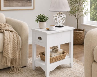 White Wooden Side Table Bedside Nightstand with Drawer Mid Century Style