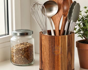 Wood Utensil Holder, Kitchen Storage Organizer, Natural Brown Utensil Caddy