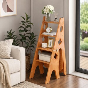 May include: A light brown wooden step stool that converts into a chair, featuring four tiered shelves with cut-out geometric shapes on the side panels. The unit holds a glass vase with white flowers, a clock, a picture frame, and a white box.