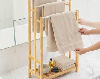 Freestanding Bamboo Towel Rack Wooden bathroom organizer Drying Stand
