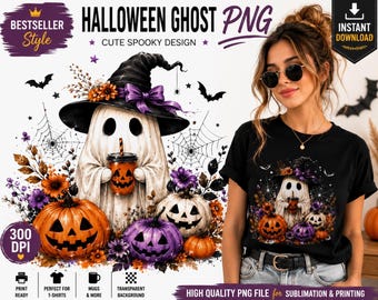 Halloween Ghost PNG | Cute Spooky Ghost Clipart, Witch Hat Pumpkin Design, Halloween Sublimation PNG, Digital Download