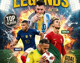 Football Legends T-Shirt PNG Bundle | Messi, Ronaldo, Mbappe, Neymar Soccer Design (Digital Download)