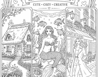 Printable Coloring Pages Bundle | Cottage, Mermaid, Fashion Scenes (Digital Download)