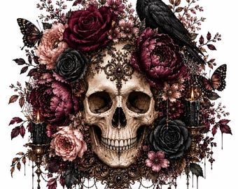 Floral Skull PNG, Raven Skull Clipart, Rose Skull Sublimation, Dark Aesthetic PNG, Tattoo Style Artwork, Instant Download