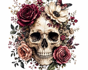 Floral Skull PNG, Rose Skull Sublimation, Gothic Skull Clipart, Dark Floral PNG, Tattoo Style Artwork, Instant Download