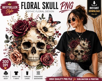 Floral Skull PNG, Rose Skull Sublimation, Gothic Skull Clipart, Dark Floral PNG, Tattoo Style Artwork, Instant Download