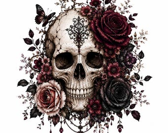 Floral Skull PNG | Gothic Skull Clipart, Dark Floral Sublimation Design, Instant Download, Printable T-Shirt PNG