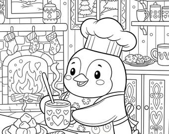 Cozy Animal Coloring Pages, Kawaii Penguin Chef, Winter Treats Printable (PDF Download)
