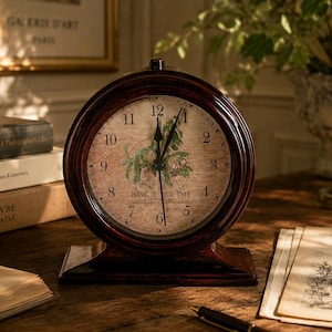 Peut inclure: Une horloge ronde de style vintage avec un cadre et une base en bois brun foncé. Le cadran est beige avec des chiffres et des aiguilles noirs, et présente un motif floral et le texte "HAVE A NICE DAY".