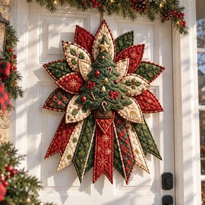 Könnte beinhalten: Ein gesteppter Weihnachts-Wandbehang aus Stoff in Sternform mit einem grünen Weihnachtsbaum in der Mitte. Das Design besteht aus roten, grünen und cremefarbenen Stoffblütenblättern mit Stickmustern wie Stechpalmen, Sternen und Zuckerstangen.