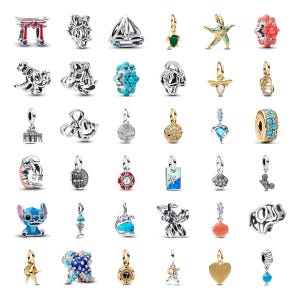 May include: A collection of thirty-six assorted metal charms featuring various designs including a red torii gate, a starfish, a turtle, a bee, a blue whale, a Stitch character, and several floral, geometric, and heart-shaped pieces in silver and gold tones.