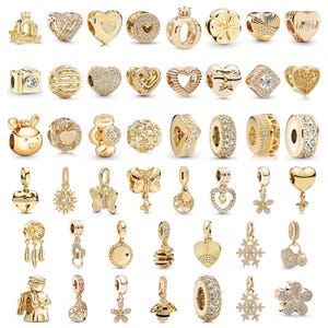 Può includere: Una collezione di charm dorati in vari design. Gli charm includono cuori, corone, fiori e altre forme decorative. Alcuni charm sono impreziositi da cristalli trasparenti.