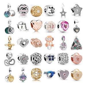 Può includere: Una collezione di charm bead argentati e dorati con vari design. I charm includono cuori, stelle, fiori e altri elementi decorativi. Alcuni charm hanno accenti colorati, come blu, rosa e verde.