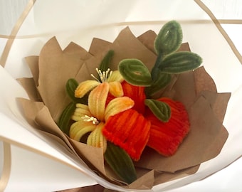 Handmade Orange and Yellow Pipe Cleaner Flower Bouquet | Lily Room Decor | Birthday, Anniversary, Graduation Gift
