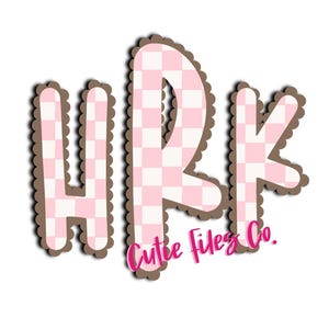 May include: The letters H, R, and K in a light pink and white checkered pattern with a brown scalloped border. The text Cutie Files Co. is written in a bright pink script font across the bottom right of the letter K on a white background.