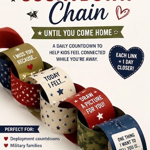Op de afbeelding: Een papieren ketting in rood, wit en blauw, met teksten als "Ik mis je" en "Teken een foto voor jou". De ketting is ontworpen als een aftelling voor een uitzending, waarbij elke schakel één dag vertegenwoordigt.