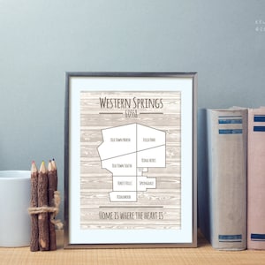 Carte personnalisée du quartier de Western Springs – Design de village personnalisé par Kelley Clark – Art mural local, taille et couleurs personnalisables