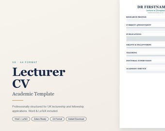 Lecturer CV Template UK | Academic CV Word & LaTeX | Lectureship or Fellowship Applications | A4