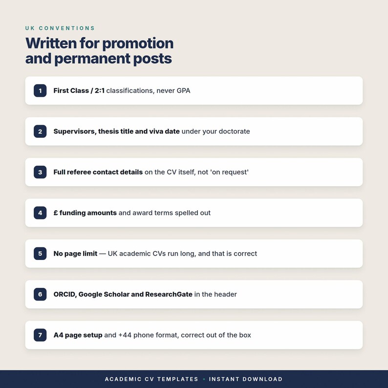 K&ouml;nnte beinhalten: Eine Infografik mit dem Titel UK CONVENTIONS Written for promotion and permanent posts. Sie listet sieben nummerierte Punkte zur Formatierung akademischer Lebensl&auml;ufe auf, darunter Noten, Abschlussarbeiten, Referenzen und Formate.