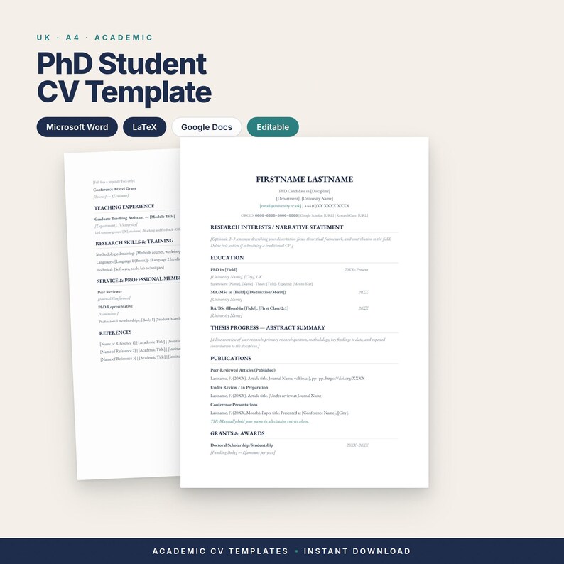 Pode incluir: Um modelo de curr&iacute;culo acad&eacute;mico para estudantes de doutoramento em formato A4 para Microsoft Word, LaTeX e Google Docs. O documento inclui sec&ccedil;&otilde;es para interesses de investiga&ccedil;&atilde;o, educa&ccedil;&atilde;o, tese, publica&ccedil;&otilde;es e bolsas.