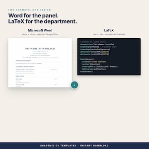 May include: A digital graphic displaying two academic CV templates. The left side shows a Microsoft Word document layout with placeholders for name, research interests, and education. The right side shows a dark-themed LaTeX code block.