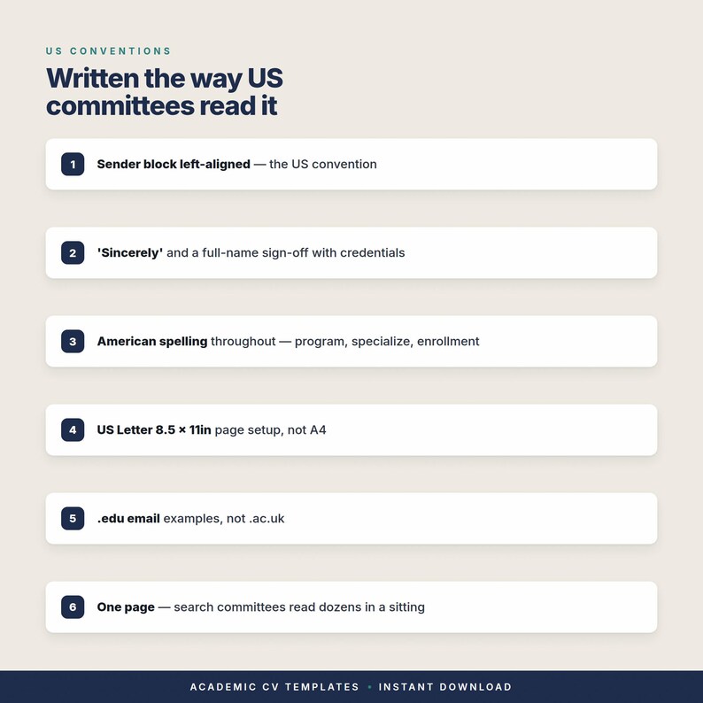 以下が含まれることがあります： 「US CONVENTIONS Written the way US committees read it」というタイトルのインフォグラフィック。6つの番号付き項目：1. 送信者ブロックは左揃え、2. 'Sincerely'とフルネームの署名、3. アメリカ英語の綴り、4. USレターサイズ 21.59 x 27.94cm、5. .eduメールアドレス、6. 1ページ。という内容が記載されています。