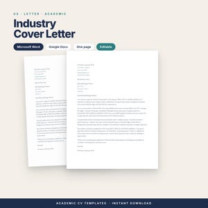 Op de afbeelding: Een bewerkbaar academisch sollicitatiebriefsjabloon in US letter-formaat voor Microsoft Word en Google Docs. Het document heeft een professionele lay-out met tijdelijke aanduidingen voor contactgegevens en werkervaring.