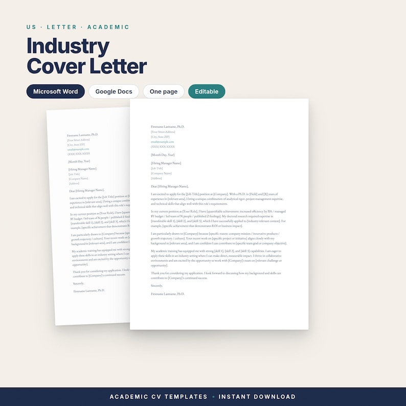 Op de afbeelding: Een bewerkbaar academisch sollicitatiebriefsjabloon in US letter-formaat voor Microsoft Word en Google Docs. Het document heeft een professionele lay-out met tijdelijke aanduidingen voor contactgegevens en werkervaring.