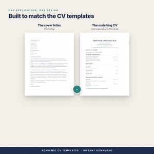 Op de afbeelding: Een digitaal documentsjabloon met een sollicitatiebrief aan de linkerkant en een bijpassend cv aan de rechterkant. De tekst luidt 'ONE APPLICATION, ONE DESIGN', 'Built to match the CV templates', 'The cover letter', 'The matching CV' en 'ACADEMIC CV TEMPLATES - INSTANT DOWNLOAD'.
