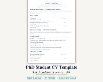 PhD CV Template UK | Academic Curriculum Vitae | Word & LaTeX | PhD Student | Instant Download A4